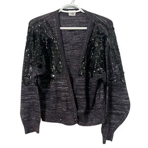 Vintage KABRI Sequins Purple Silver Cardigan Wool Sweater fits like Size L